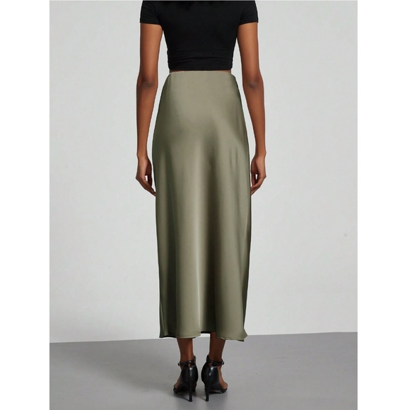 Green Satin A-Line Skirt High Waisted Long - Picture 7 of 8